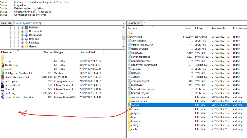 backup world on filezilla