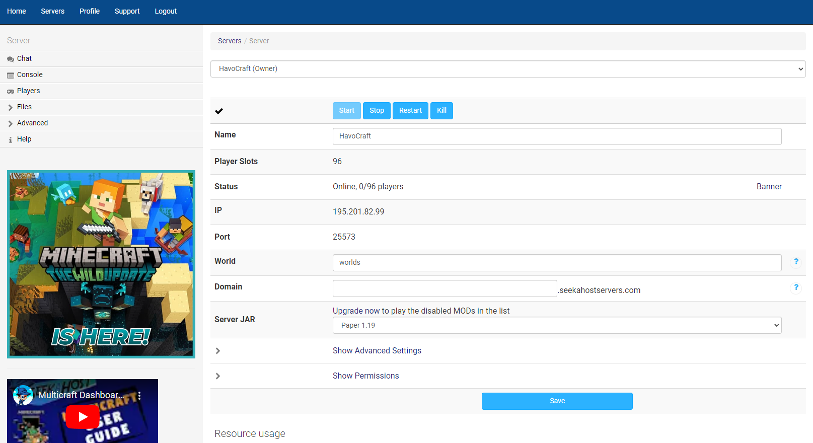 multicraft dashboard